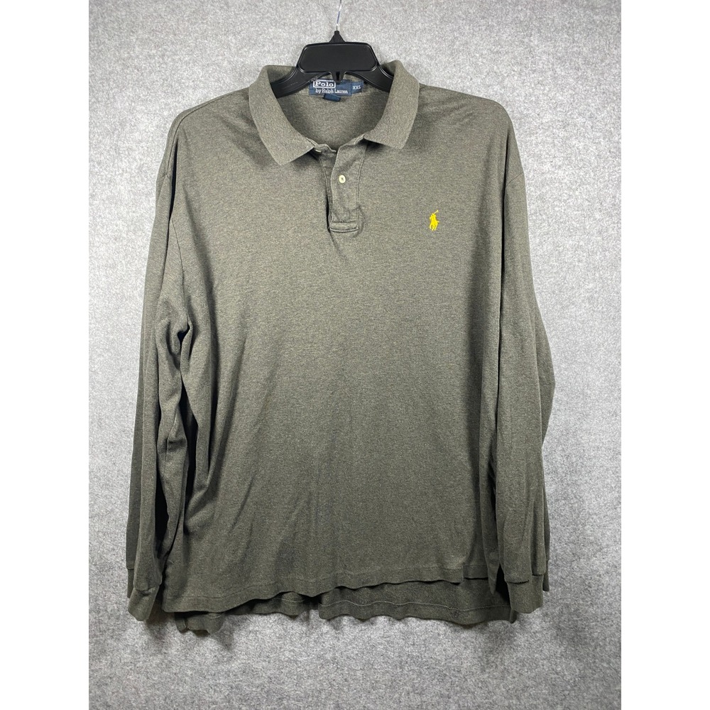 Polo Ralph Lauren Mens XXL Olive Green Long Sleeve Polo Shirt Yellow Pony Cotton